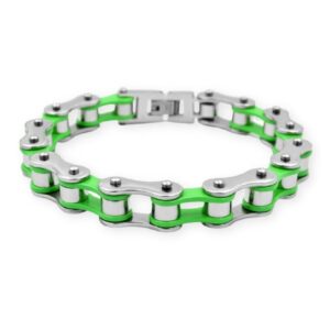 Bracelet Chaîne de Moto Coloré en Acier Inoxydable Argenté et Vert Zeke