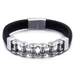 Bracelet Chaîne de Moto en Cuir Tressé Noir et en Acier Inoxydable Brantley - Mon Bracelet Homme