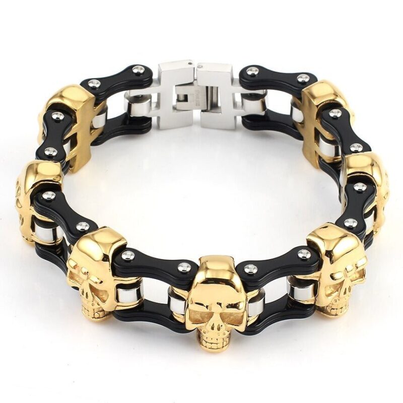 Bracelet Chaîne de Moto Noir et Doré Avec Tête de Mort Trey - Mon Bracelet Homme